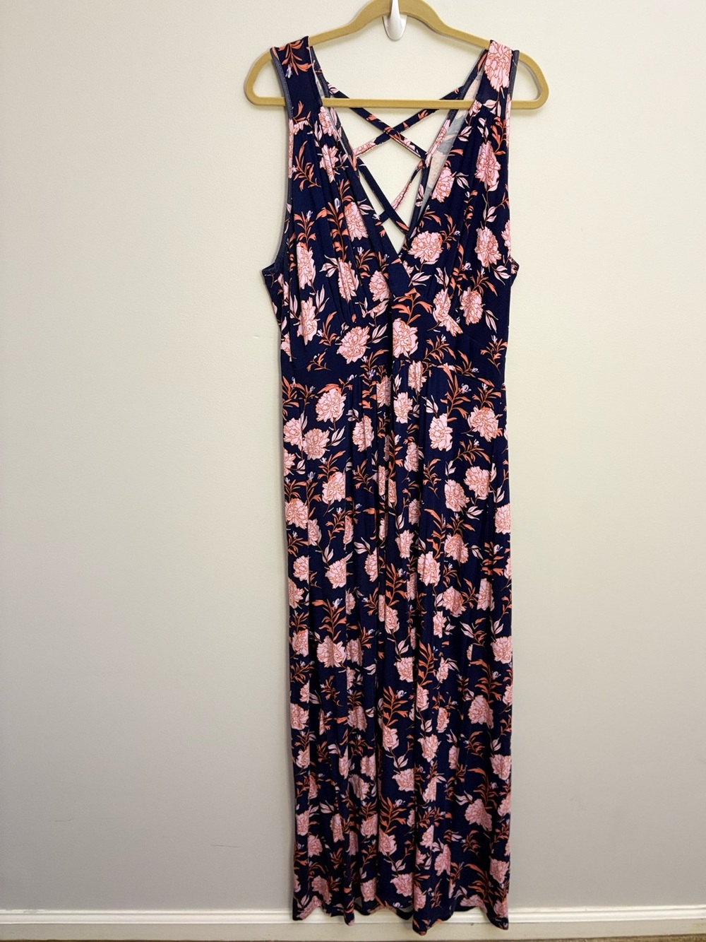 Market & Spruce 2X Navy Pink Floral Maxi Dress Crisscross Back